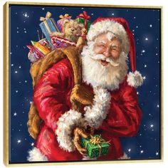 a painting of santa holding a bag full of gifts