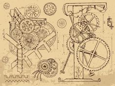 an old mechanical drawing with gears and wheels on the side, as well as other parts