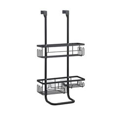 a black metal shelf with three baskets on it and two hooks hanging from the bottom