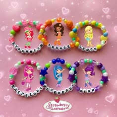 Super Adorable Y2k Style Strawberry Shortcake Beaded Bracelets!! 🍓 ♡ Each Bracelet is approximately 6.5 Inches long and made with stretchy string!  ♡ Other Beaded Bracelets available in my Shop!! ♡ Recommended for ages 3 and up  ♡ Handmade with Love! ♡ ♡ Bracelet Care: ~ Don't get wet or take in the shower 💦 ~ Please don't pull too hard! Enjoy! 💕🎀 Different Beaded Bracelets, Strawberry Shortcake Bracelet, Cute Bracelet Designs, Pony Bead Bracelet Ideas, Bracelet Ideas Pony Beads, Strawberry Shortcake Raspberry, Y2k Bracelets, Softie Aesthetic, Vintage Kidcore