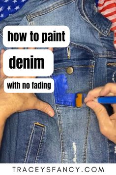 woman's hands painting a denim jean jacket pocket bright blue Painting On Denim, Denim Jacket Diy Paint, Paint Denim, Jean Jacket Design, Jean Jacket Diy, Customised Denim Jacket, Upcycled Denim Jacket, Diy Denim Jacket, Painted Clothes Diy