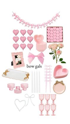 a bunch of pink items are arranged in the shape of hearts and flowers with bows