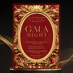 an ornate red and gold gala night card