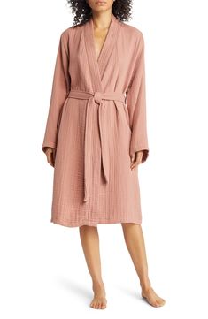 Enjoy the luxurious elegance of a spa-inspired robe at home with this supercomfy style made from four-ply gauze woven from long-staple Turkish cotton. It's also garment washed for added lived-in softness from the first wear. 42" length ( size X-Large)   Open front   V-neck   Long sleeves   Side-seam pockets   Removable tie belt   100% cotton   Machine wash, tumble dry   Made in Turkey   OEKO-TEX®–certified materials free of harmful substances Parachute Cloud Cotton Robe, Long Robes For Women, Long Robes, Red Raspberry Leaf, Cotton Pajama Shorts, Terry Robe, Robes For Women, Gender Inclusive, Spa Inspiration