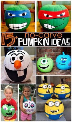 pumpkins decorated with different faces and eyes for halloween decorations, including one that says no - carve pumpkin ideas