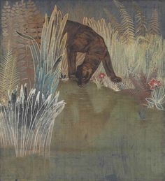 an image of a painting with animals in the grass and flowers on it's side