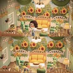 a living room filled with lots of furniture and sunflowers on the wall behind it