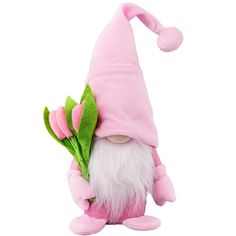 a pink and white gnome with flowers in his hand