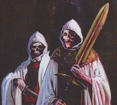 two people dressed in white holding swords and skulls