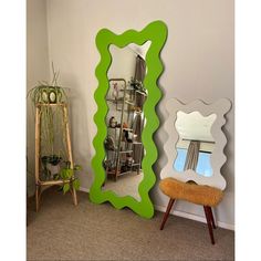 a green and white mirror sitting next to a shelf filled with plants on top of a carpeted floor