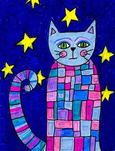 a painting of a cat with stars on it