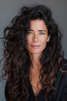 Curly Hairstyles for Women Over 40 Dark Hair Over 40, Curly Hair Long Bob, Long Curly Wedding Hair, Middle Part Curly Hair, Curly Shag Haircut, Long Curly Haircuts, Dark Curly Hair, Short Hair Cut, Permed Hairstyles