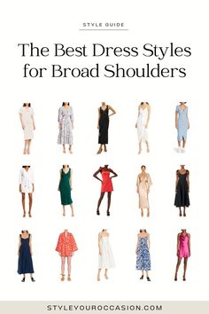 6 best dress styles for broad shoulders. If you’ve been blessed with broad shoulders, shopping for dresses may prove to be a challenge. That’s why we’ve put together the ultimate guide to choosing the right dresses for broad shoulders and inverted triangle body shapes. Click through for 6 chic and flattering dresses for broad shoulders as well as chic outfit inspiration and style tips. Broad shoulder women outfits, how to dress wide shoulders, womens dresses Styling Tips For Broad Shoulders, How To Dress For Broad Shoulders Women, Fashion For Wide Shoulders, Outfit Ideas For Broad Shoulders For Women, Dresses For Broad Shoulder, Wedding Dress Styles For Broad Shoulders, Dressing Wide Shoulders, Clothing For Women With Broad Shoulders, Wide Shoulder Dress