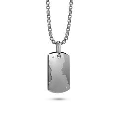 Modern trendy brushed & high polished stainless steel ID Tag Dog Tag Necklace. Totally hand made with a Unique innovative technique: This Design doesn't contain any soldering material, the parts are riveted  together just by tension and compression of the metal itself. Exclusive Design by Vincenzo Taormina. What makes this design stand out from the crowd is the finishes. Frank Zappa once said: the most important thing in art is The Frame, because, without this humble appliance, you can't know wh Modern Silver Jewelry With Brushed Finish, Modern Stainless Steel Necklace With Polished Finish, Engraved Gunmetal Stainless Steel Jewelry, Silver Laser Engraved Dog Tag Jewelry, Silver Laser Engraved Dog Tag Necklace, White Gold Titanium Jewelry With Polished Finish, Modern Stainless Steel Dog Tag Necklaces, Modern Silver Dog Tag Jewelry, Stainless Steel Jewelry With Polished Rectangular Pendant