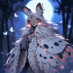 a woman with white feathers and red eyes standing in front of a moon filled forest