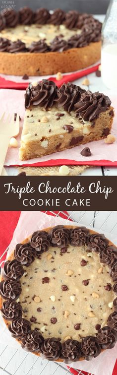 triple chocolate chip cookie cake is shown in three different stages, including the top and bottom