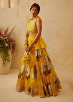 Bhumika Sharma-Yellow Embroidered Lehenga Set-INDIASPOPUP.COM Lehenga With Peplum Top, Peplum Top Lehenga, Peplum Kurti, Bhumika Sharma, Lehenga And Blouse, Yellow Lehenga, Peplum Tops, Floral Peplum Top, Organza Skirt