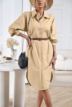 Unleash your inner fashionista with our Halia Collared Button Down Midi Shirt Dress! This dress features a sophisticated collared neckline and a button-down front, creating a chic and polished look. Perfect for any occasion, this dress is sure to turn heads with its elegant midi length and classic taupe color. Upgrade your wardrobe with our versatile and stylish Halia boyfriend shirt dress! Size Guide: Model is 5’7” tall, and has a 33.8” bust, 24.2” waist, & 35.5” hips. She is wearing a S / US 4 / AU 8. This shirt dress is true to size. Material: 100% Cotton. Feature: Collared. Long Sleeves. Midi length. Front button closures. Relaxed fit. Care Instructions: Machine wash / Cold hand wash Collared Cotton Shirt Dress In Solid Color, Trendy Collared Shirt Dress For Day Out, Solid Color Cotton Shirt Dress For Fall, Fall Solid Color Cotton Shirt Dress, Fall Cotton Shirt Dress Solid Color, Solid Color Collared Shirt Dress For Day Out, Solid Collared Shirt Dress For Day Out, Trendy Collared Shirt Dress For Office, Elegant Cotton Shirt Dress With Button Closure