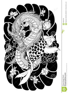 a black and white drawing of a koi fish with flowers on it's back