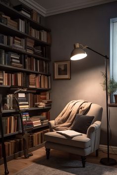 a living room filled with furniture and bookshelves next to a lamp on a table