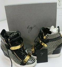 GIUSEPPE ZANOTTI  Animal Print   Snakeskin Wedge  Sneaker Black 6.5EUS/37.5EUGood Condition Normal Use With Box  Some Scuffs On Body And Gold Plates  Wear to Back On Sole  7.5/10  See Pictures For Details Wedge Sneakers Outfit Dressy, Hidden Heel Sneakers, Wedge Sneakers Outfit, Dressy Sneakers, Stylish Leather Bags, Heel Sneakers, Black Wedge Sneakers, Gold Plates, Goth Shoes