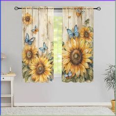 two sunflowers and butterflies are hanging on the curtains