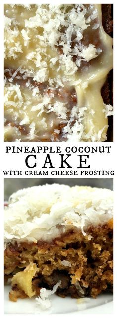 two pictures of pineapple coconut cake with cream cheese frosting on the top and bottom