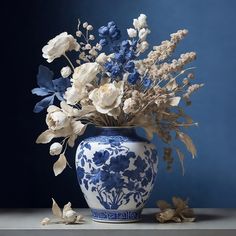 a blue and white vase with flowers in it