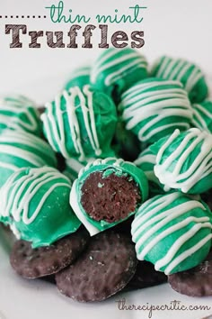 green and white chocolate truffles on a plate with the words thin mint truffles