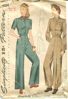 1942 WW2 Vintage Sewing Pattern B34w28 SLACK SUIT - Etsy Vintage Coveralls, Patron Vintage, Sewing Clothes Women, Slacks For Women, London College Of Fashion, Va Va Voom, 1940s Fashion, Simplicity Patterns, Vintage Sewing Patterns