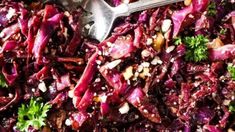 red cabbage salad with nuts and parsley in a bowl