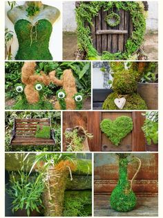 the collage is made up of green plants and stuffed animals in different shapes, sizes and colors