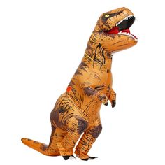 an adult inflatable t - rex costume standing on its hind legs with it's mouth open