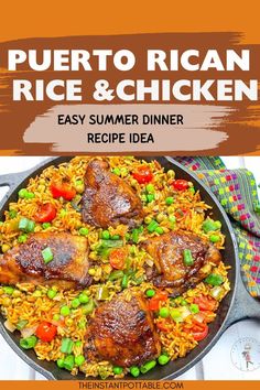 the recipe for puerto rican rice and chicken is shown in a skillet with text overlay