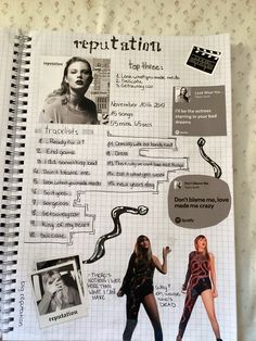 a spiral notebook with pictures and words on the page, including two women in tights