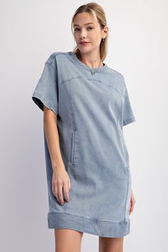 Easel Denim Tunic Dress in Washed Denim Dresses Easel Casual Medium Wash Mini Dress With Pockets, Casual Medium Wash Mini Length Denim Top, Casual Medium Wash Mini Denim Top, Casual Mini Length Medium Wash Denim Top, Casual Washed Mini Denim Dress, Casual Washed Blue Mini Denim Dress, Casual Washed Blue Short Sleeve Denim Dress, Casual Washed Blue Denim Dress With Short Sleeves, Light Wash Denim Mini Dress With Short Sleeves