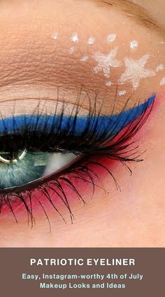 Easy 4th of July Makeup Looks and Ideas: Patriotic eyeliner adds a fun and festive touch to any makeup look. This bold and sleek style is perfect for those who want to show their love for their country subtly yet stylishly. To really make your eyes pop, consider using a liquid white liner to draw stars or apply some glitter to the lid. Not only will it add an extra sparkle to your overall look, but it will also emphasize the patriotic theme. See more 4th of July Makeup Looks at InfoMasta... Phillies Makeup, Fourth Of July Makeup Ideas Eyes, 4th Of July Eye Makeup, Easy 4th Of July Makeup, 4th Of July Makeup Looks, July Makeup, 4th Of July Makeup, Make Your Eyes Pop, Makeup Fails