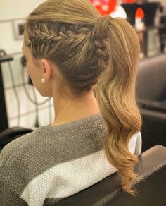 Braid Into Ponytail Prom, Dance Competition Hairstyles, Pony With Braid Wedding, Braid Side Ponytail Wedding, Side Pony With Braid Wedding, Braid On Top Of Head Ponytail, Peinados Hair Styles, Blue Ombre Hair, Competition Hair