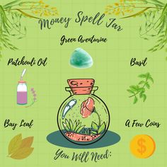 Spell Jars Recipes Money, Spell Jar Money, New Years Spell Jar, Easy Money Spell, Ingredients For Spell Jars, Spelljar Witchcraft, Money Spell Jars, Easy Spell Jars Recipes