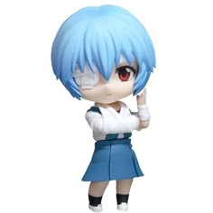 an anime character with blue hair and red eyes is holding her hand up to the side