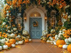 an entrance with pumpkins and white flowers