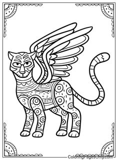 a coloring page with an image of a cat in the shape of a winged animal