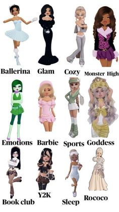 many different types of barbie dolls with names on them, all in different colors and sizes