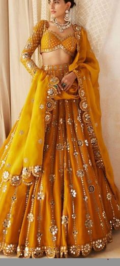 Beautiful sequin work georgette lehenga in mustard yellow Choose a standard size or you can share custom measurements.  I'll share the measurements sheet with you.  Please contact us for other colors or any customizations. Yellow Lengha For Haldi, Mustard Lehnga Outfit, Minimalist Mendhi, Mustard Lengha, Yellow Traditional Outfits, Simple Yellow Lehenga, Holud Lehenga, Yellow Mehndi Outfit, Yellow Lehenga Bridal