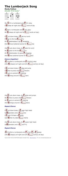 the lumbajack song is written in red and black on a white sheet music