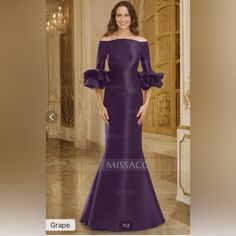 Off The Shoulder Formal Gown Color Grape Size 16. Never Warn Formal Purple Mother Of The Bride Dress, Purple Full Length Formal Gown, Formal Full Length Purple Gown, Formal Full-length Purple Gown, Elegant Purple Dress For Mother Of The Bride, Fitted Purple Gown For Mother Of The Bride, Fitted Full-length Gown For Mother Of The Bride, Satin Floor-length Gown For Mother Of The Bride, Elegant Full-length Dresses For Mother Of The Bride