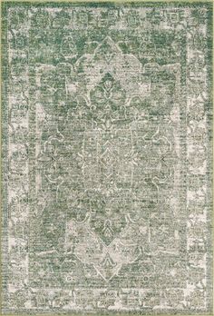 a green rug with an ornate design on the center and bottom corner, in shades of gray