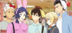 an anime group with bunny ears on their heads in a shopping mall looking at the camera