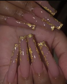 Nails With Gold, Gold Acrylic Nails, Press On Nails Long, Nails Nude, Acrylic Nails Coffin Pink, Nails For Women, Long Square Acrylic Nails, Bling Acrylic Nails, Nails Long