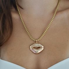 Details: PEWTER HAND DIPPED IN A 14K GOLD PLATE DEVON PLATED BRASS CHAIN Available in 14k gold Lip Necklace, Gold Lips, Pewter Pendant, Rose Gold Necklace, Brass Chain, Cable Chain, Fashion Advice, Devon, Gold Pendant